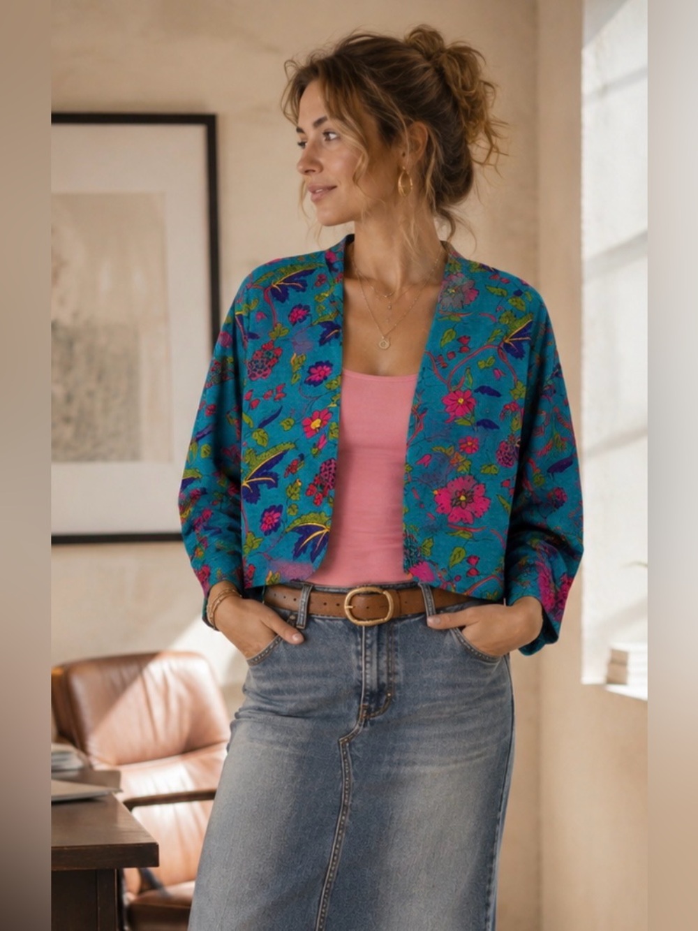 Flexible Vintage Floral Cropped Jacket Blazer